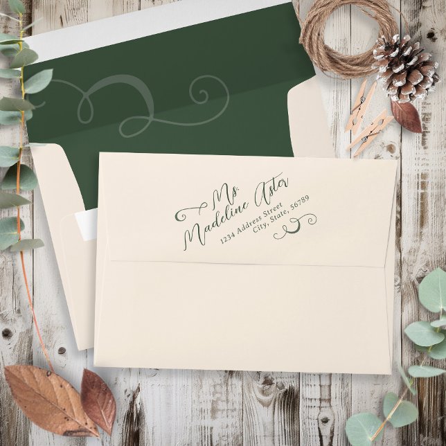 Elegant Slant Script Dark Moss Green Wedding Envelope (Elegant slant script swirl self-addressed return address wedding invitation envelope, cream dk green)