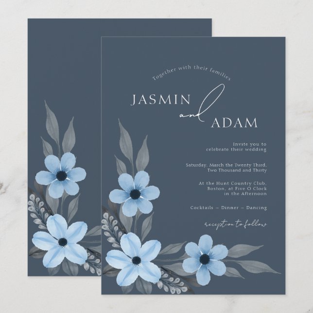 Elegant Slate Blue Floral Wedding Invitation (Front/Back)