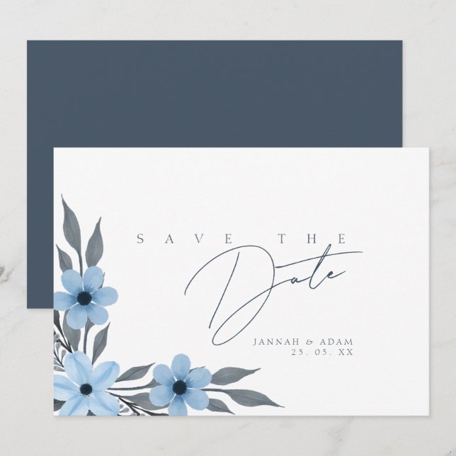 Elegant Slate Blue Floral Wedding Save The Date (Front/Back)
