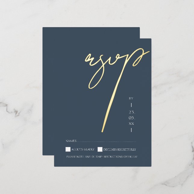 Elegant Slate Blue Gold Foil Script Wedding RSVP Invitation Postcard (Front/Back)