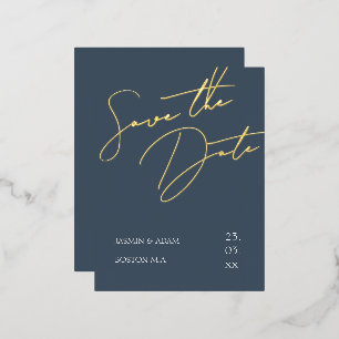 Elegant Slate Blue Gold Foil Wedding Invitation Postcard