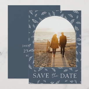 Elegant Slate Blue Leaf Photo Wedding Save The Date