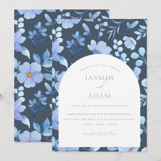 Elegant Slate Blue Opulence Floral Monogram Invitation (Front/Back)