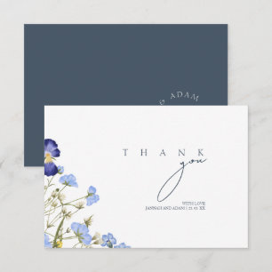 Elegant Slate Blue Wildflower Monogram Wedding Thank You Card
