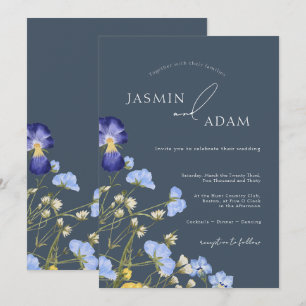 Elegant Slate Blue Wildflower Wedding Invitation