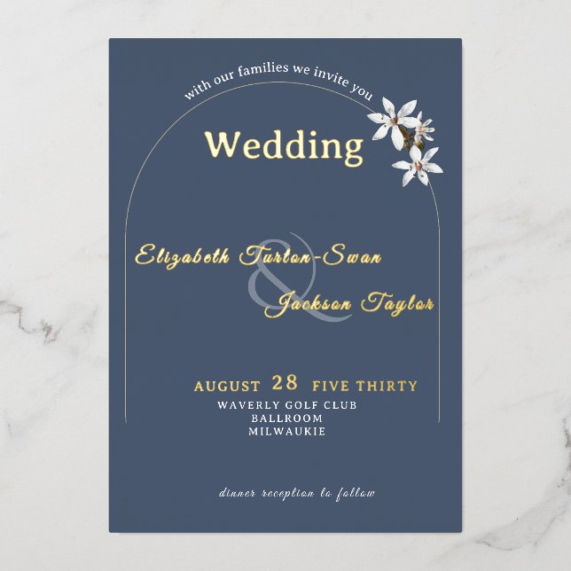 Elegant Slate Floral Arch Typography Wedding Gold (Front)