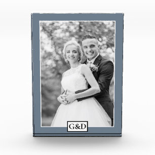 Elegant slate grey border and initials wedding photo block