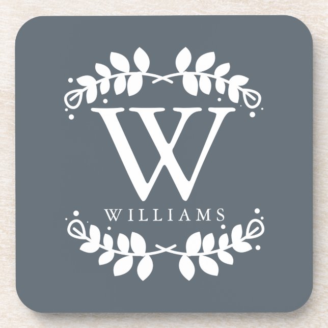 Elegant Slate Grey Modern Monogram Coaster (Front)