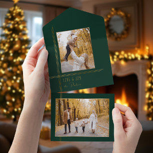 Elegant Sleek Green/Gold Modern Deco Style Photo All In One Invitation