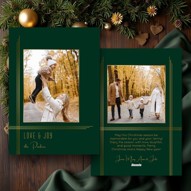 Elegant Sleek Green/Gold Modern Deco Style Photo Holiday Card (Creator Uploaded)