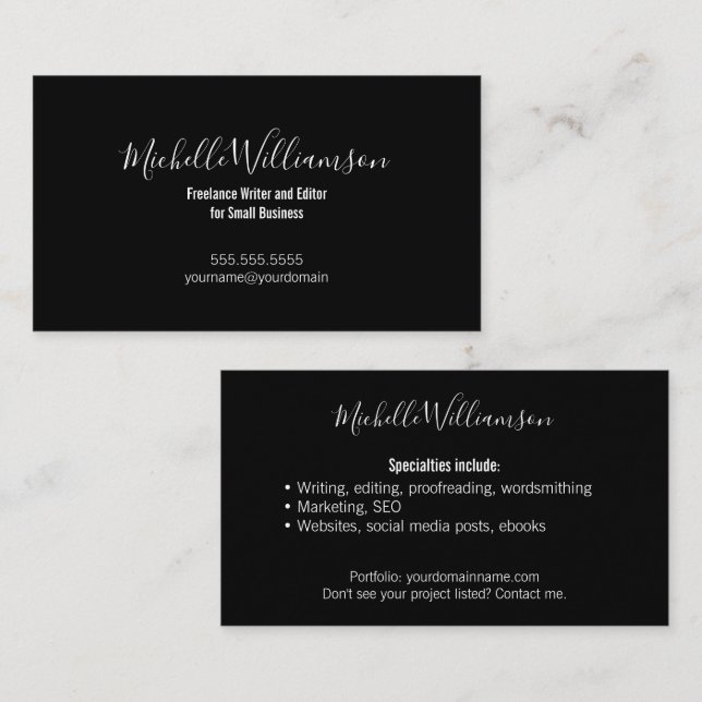 Elegant Small Business Owner 2 Sided Black White Business Card (Front/Back)