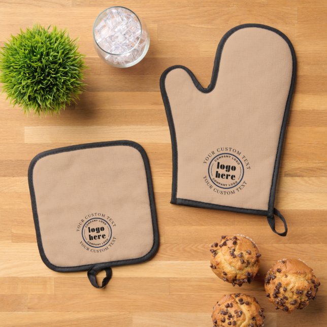 Elegant Small Business Promotion Custom Logo Beige Oven Mitt & Pot Holder Set (Top Down)