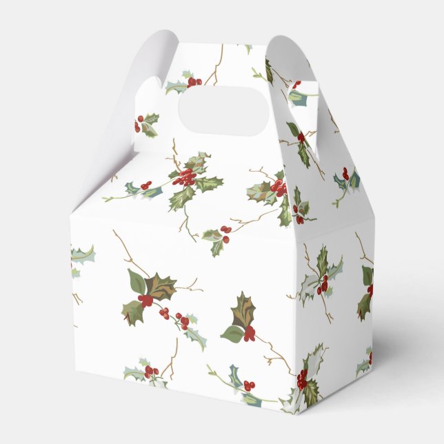 Elegant Small Christmas Holly on White Background Favour Box (Front Side)