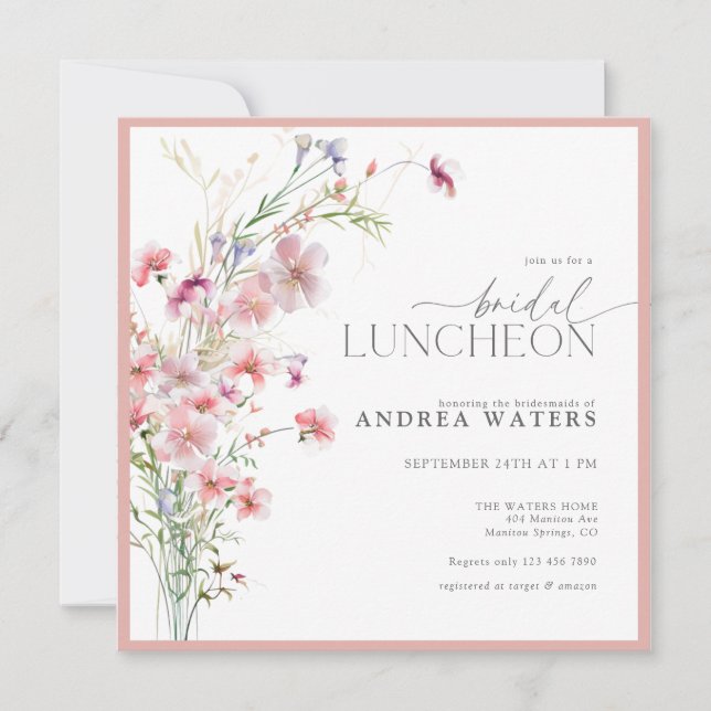 Elegant Small Pink Flowers Bridal Luncheon Invitation (Front)