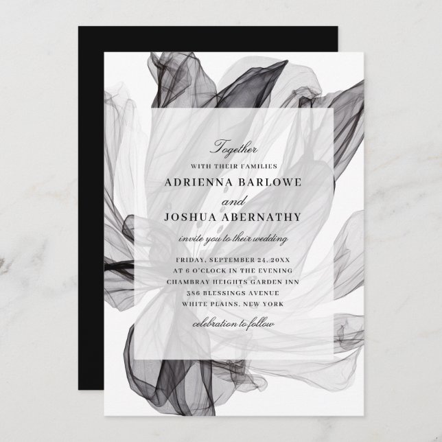 Elegant Smoky Floral Black and White Wedding  Invitation (Front/Back)