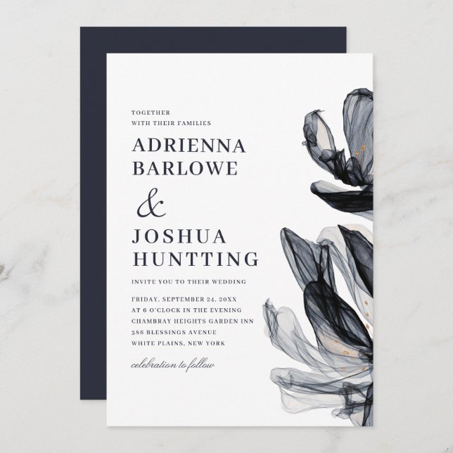 Elegant Smoky Flowers Side Text Navy Wedding  Invitation (Front/Back)