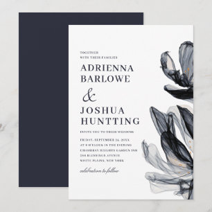 Elegant Smoky Flowers Side Text Navy Wedding Invitation