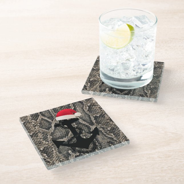 elegant snake skin nautical ANCHOR + SANTA HAT | Glass Coaster (Angled)