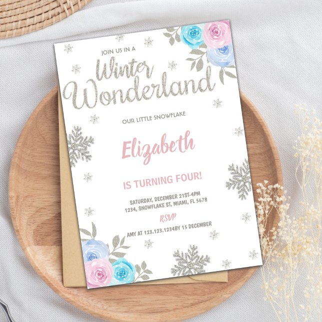 Elegant Snow Birthday Card (Floral Silver Glitter Winter Wonderland Birthday Invitation)