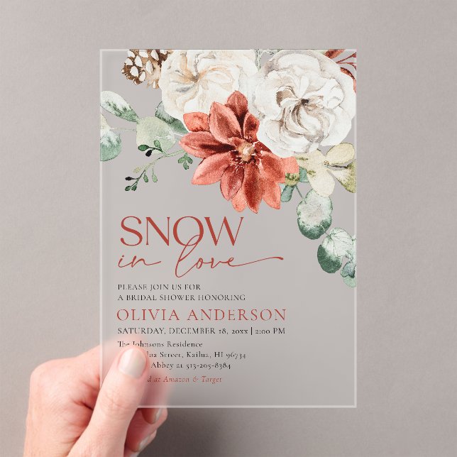 Elegant Snow in Love Winter Red Bridal Shower Acrylic Invitations (Insitu (Handheld))
