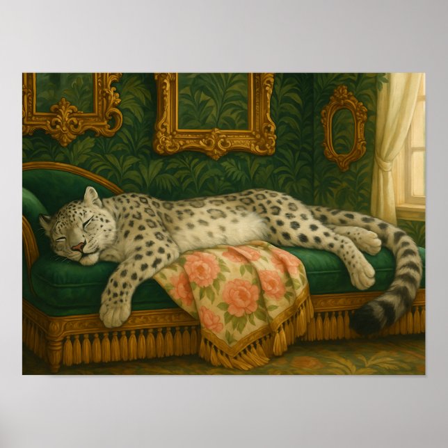 Elegant Snow Leopard Sleeping on Luxury Chaise  Poster (Front)