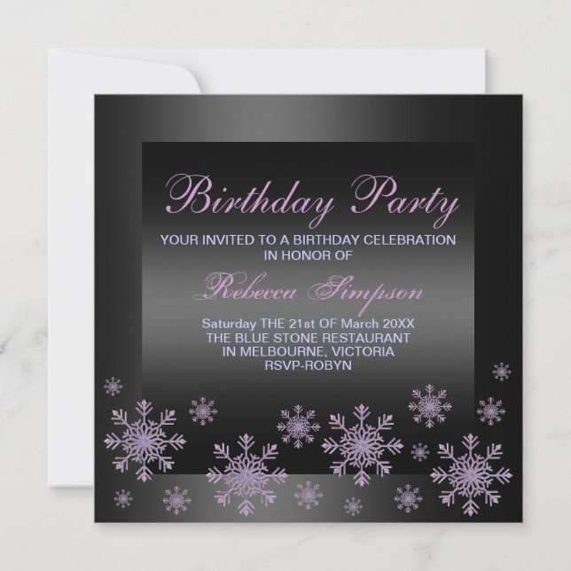 Elegant Snow Purple & Black Birthday Invitation (Front)