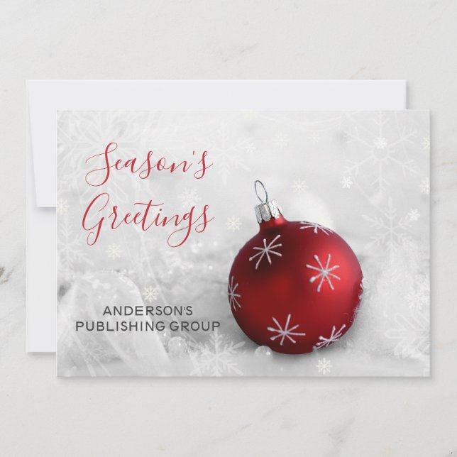 Elegant Snow Scene Red Ornament Company Holiday Card (Front)