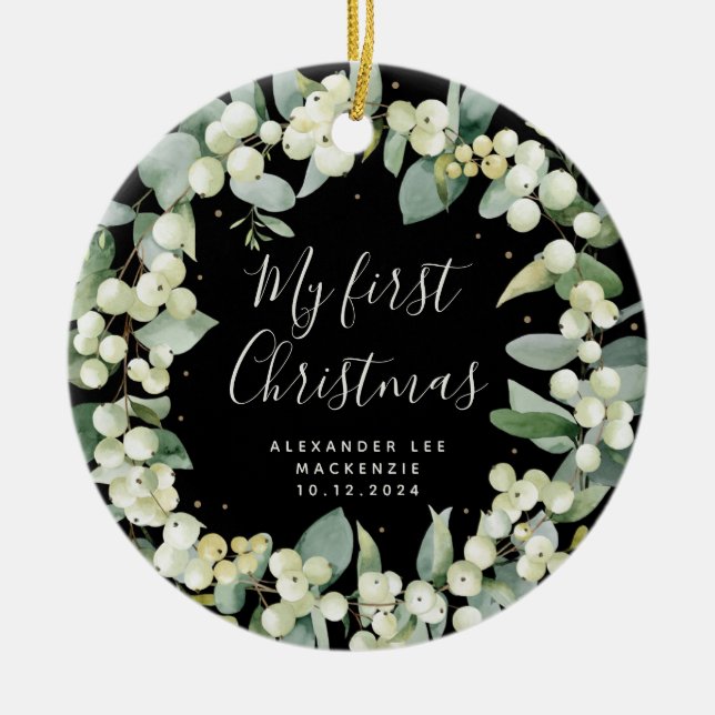 Elegant Snowberry Baby's First Christmas Photo Ceramic Tree Decoration (Front)