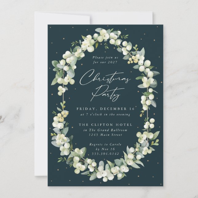 Elegant Snowberry+Eucalyptus Frame Christmas Party Invitation (Front)