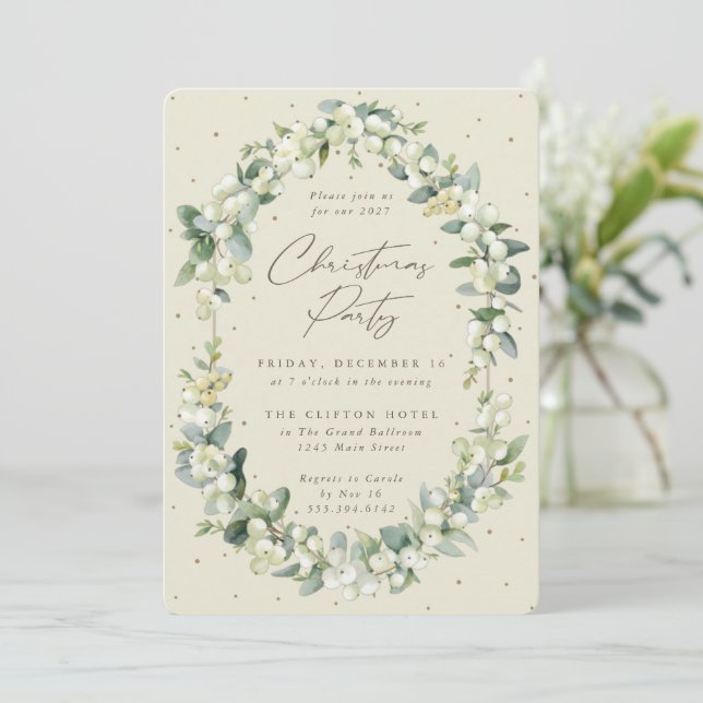 Elegant Snowberry+Eucalyptus Frame Christmas Party Invitation (Standing Front)