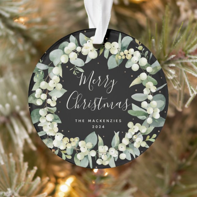 Elegant Snowberry Merry Christmas Family Photo Ornament (Tree)