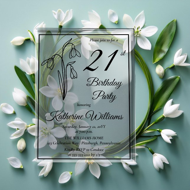 Elegant Snowdrops 21st Birthday Party  Acrylic Invitations (Elegant Snowdrops 21st Birthday Party Acrylic Invitations)