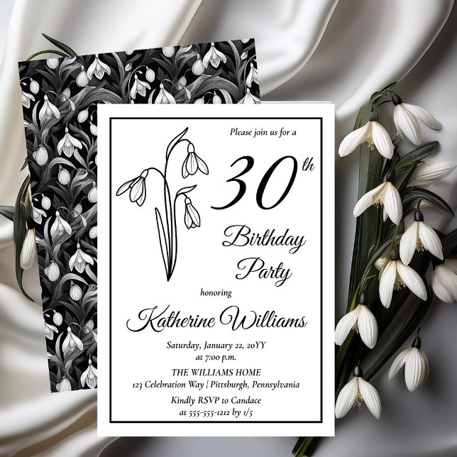 Elegant Snowdrops 30th Birthday Party  Invitation (Elegant January Birth Month Snowdrops Floral "30th Birthday Party" Invitations -- Print | Download)