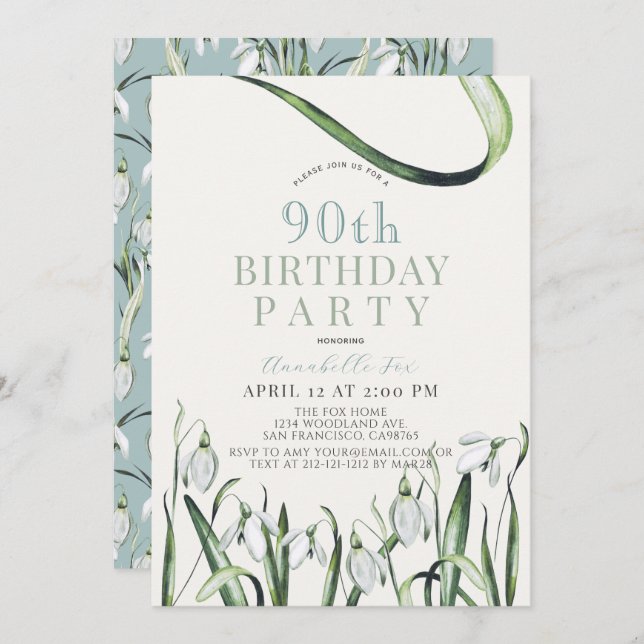 Elegant Snowdrops Watercolor 90th Birthday Invitation (Front/Back)