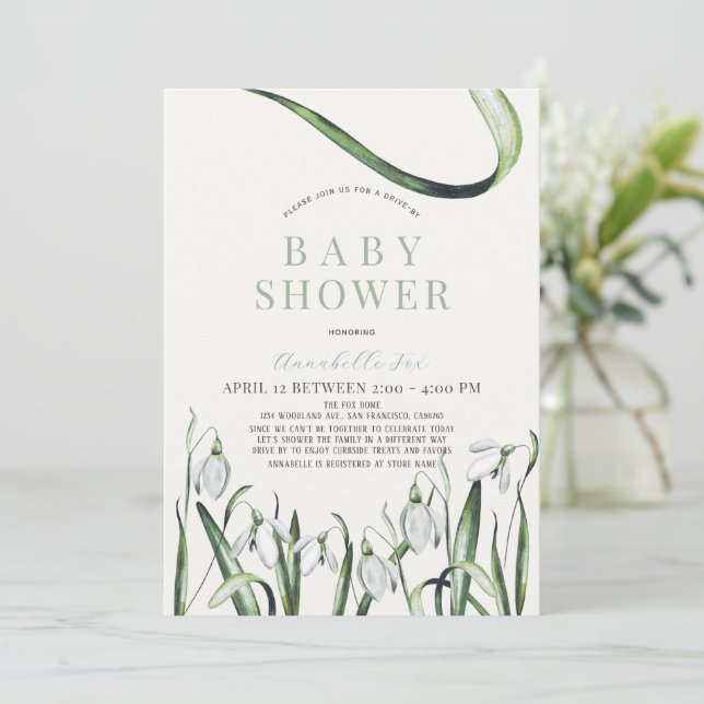 Elegant Snowdrops Watercolor Drive-by Baby Shower Invitation (Standing Front)