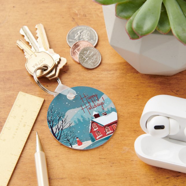 Elegant Snowfall Festive Happy Holidays Circle Key Ring (Desk)