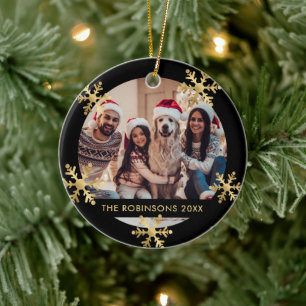 Elegant Snowflake Black and Gold Photo Christmas Ceramic Tree Decoration