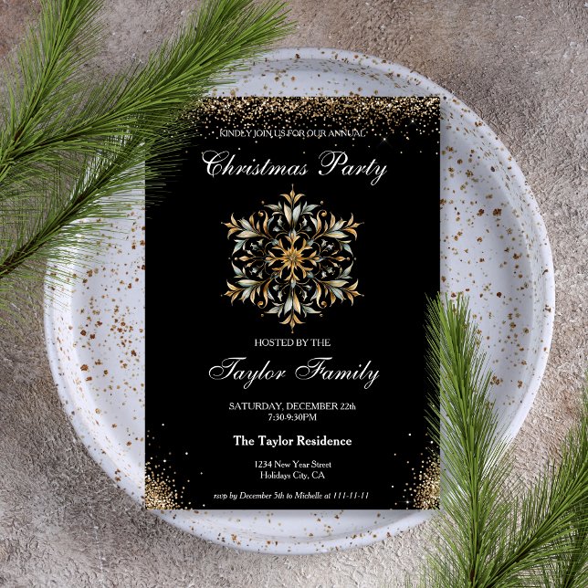 Elegant Snowflake Corporate Christmas Dinner Party Invitation (glitter gold and blue snowflake)