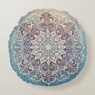 Elegant Snowflake Mandala in Frosty Hues Round Cushion