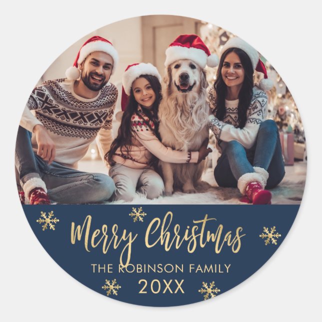 Elegant Snowflake Navy and Gold Photo Christmas Classic Round Sticker (Front)