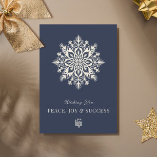 Elegant Snowflake Navy Blue Corporate Logo Holiday Card