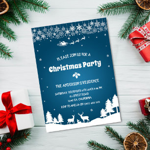 Elegant Snowflake Navy Blue Winter Christmas Party Invitation