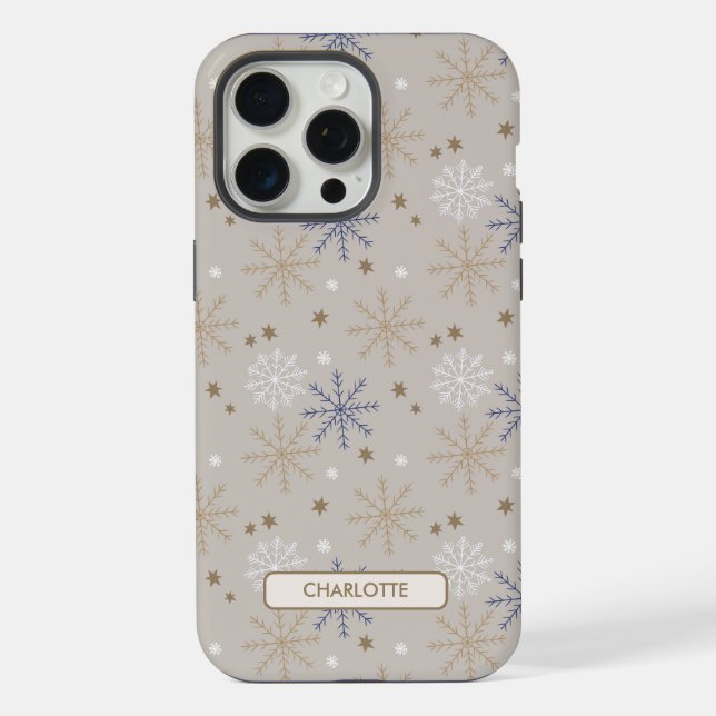 Elegant Snowflake Pattern Beige Pesonalized iPhone Case (Back)