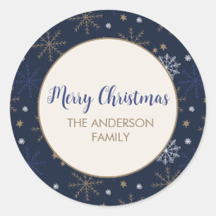 Elegant Snowflake Pattern  Dark Blue Classic Round Sticker