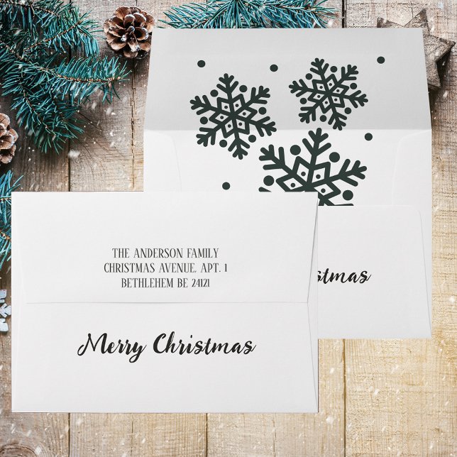 Elegant Snowflake Pre-adressed Merry Christmas Envelope (Elegant Black and White Simple Minimalistic Script Snowflake Merry Christmas Pre-adressed Envelope)