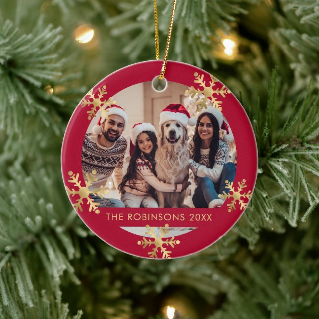 Elegant Snowflake Red and Gold Photo Christmas Ceramic Tree Decoration (Tree)