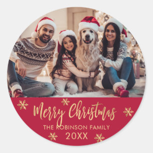 Elegant Snowflake Red and Gold Photo Christmas Classic Round Sticker