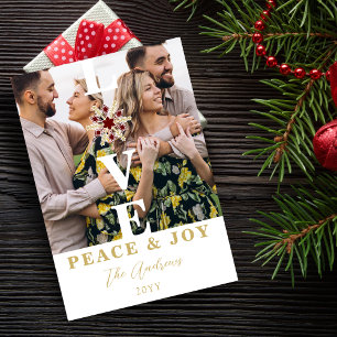 Elegant Snowflake Red & Faux Gold Minimal 2 Photos Holiday Card