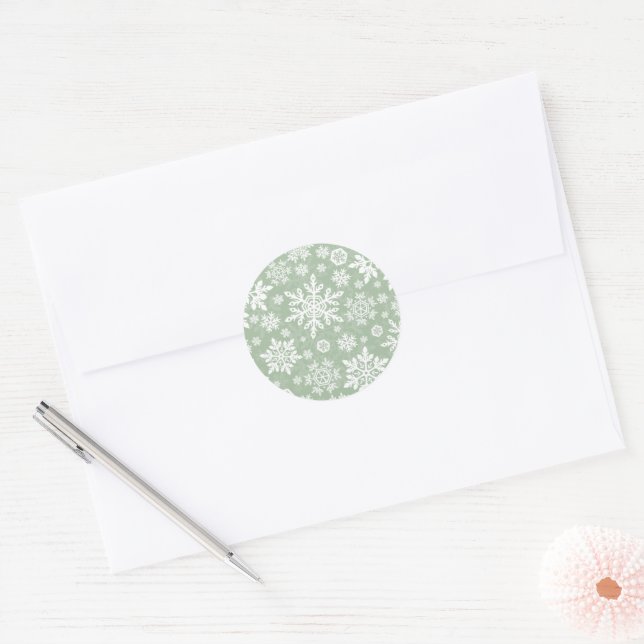 Elegant Snowflake (Sage Pine) Classic Round Sticker (Envelope)