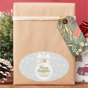 Elegant Snowflake White Ornament Christmas Oval Sticker